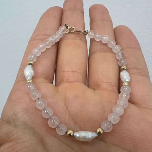 Vintage 14k Yellow Gold Pearl Rose Quartz Bead Ball Bracelet 7" - Picture 3 of 11